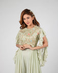 Mint Green Ruffle Drape Skirt Set with Crop Top and Dupatta - Satin