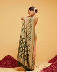 Georgette Bandhani Banarasee Saree in Green and Peach