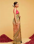 Georgette Bandhani Banarasee Saree in Green and Peach