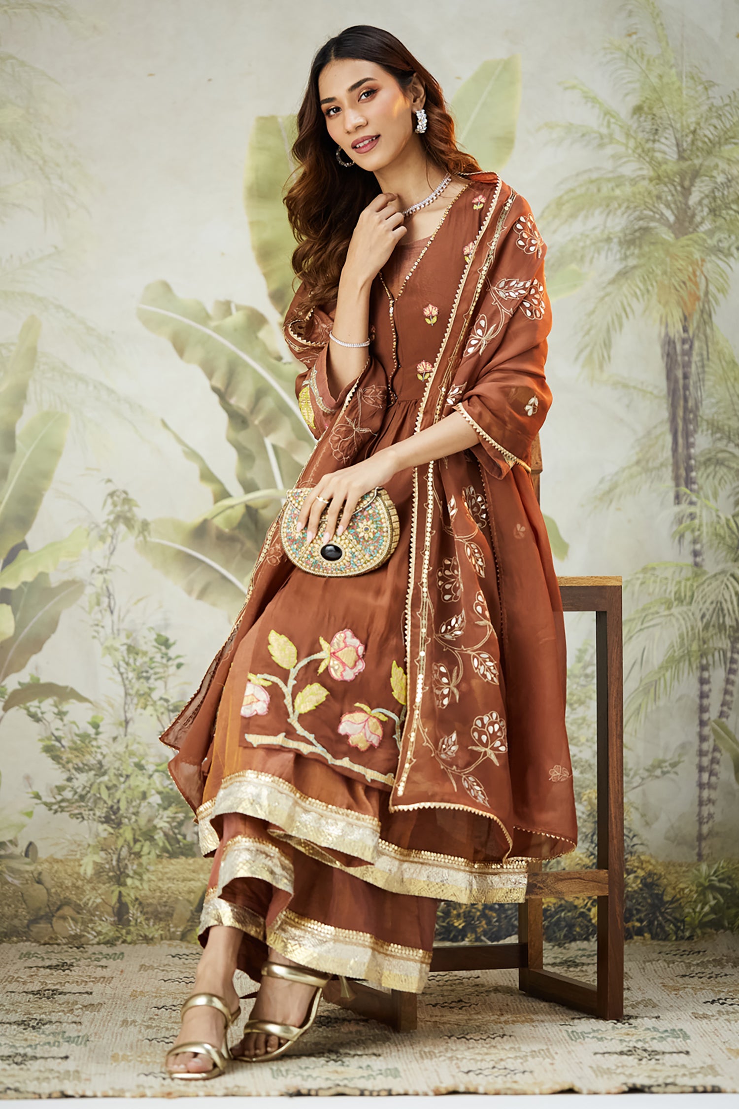 Lachka Gota Machine Work Kurta Set - Brown