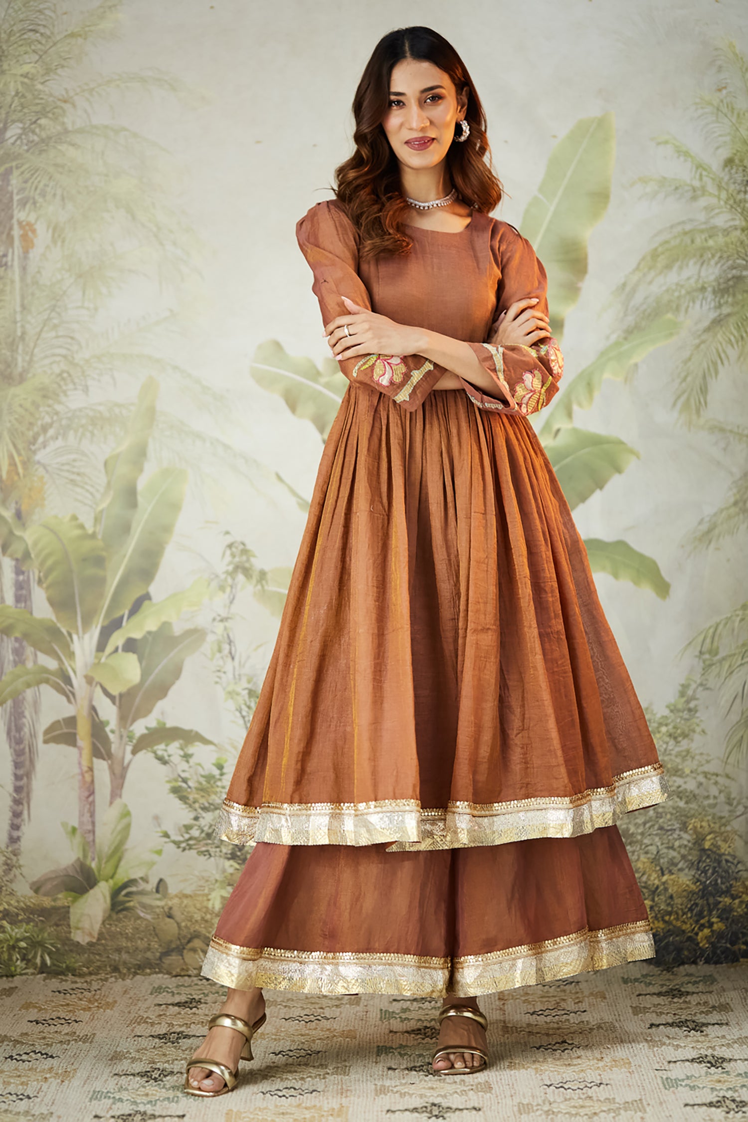 Lachka Gota Machine Work Kurta Set - Brown