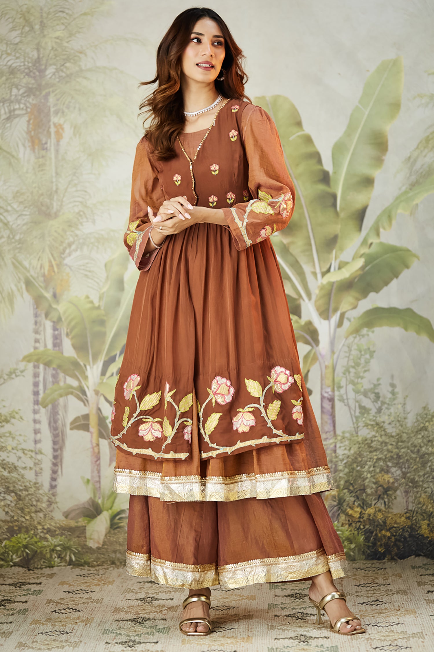 Lachka Gota Machine Work Kurta Set - Brown