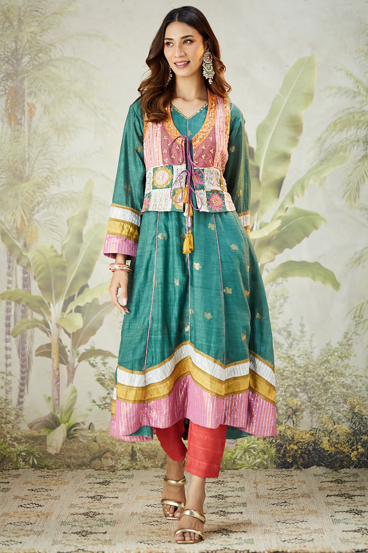 Embroidred Kurta With Overley Jacket - Emerald Green