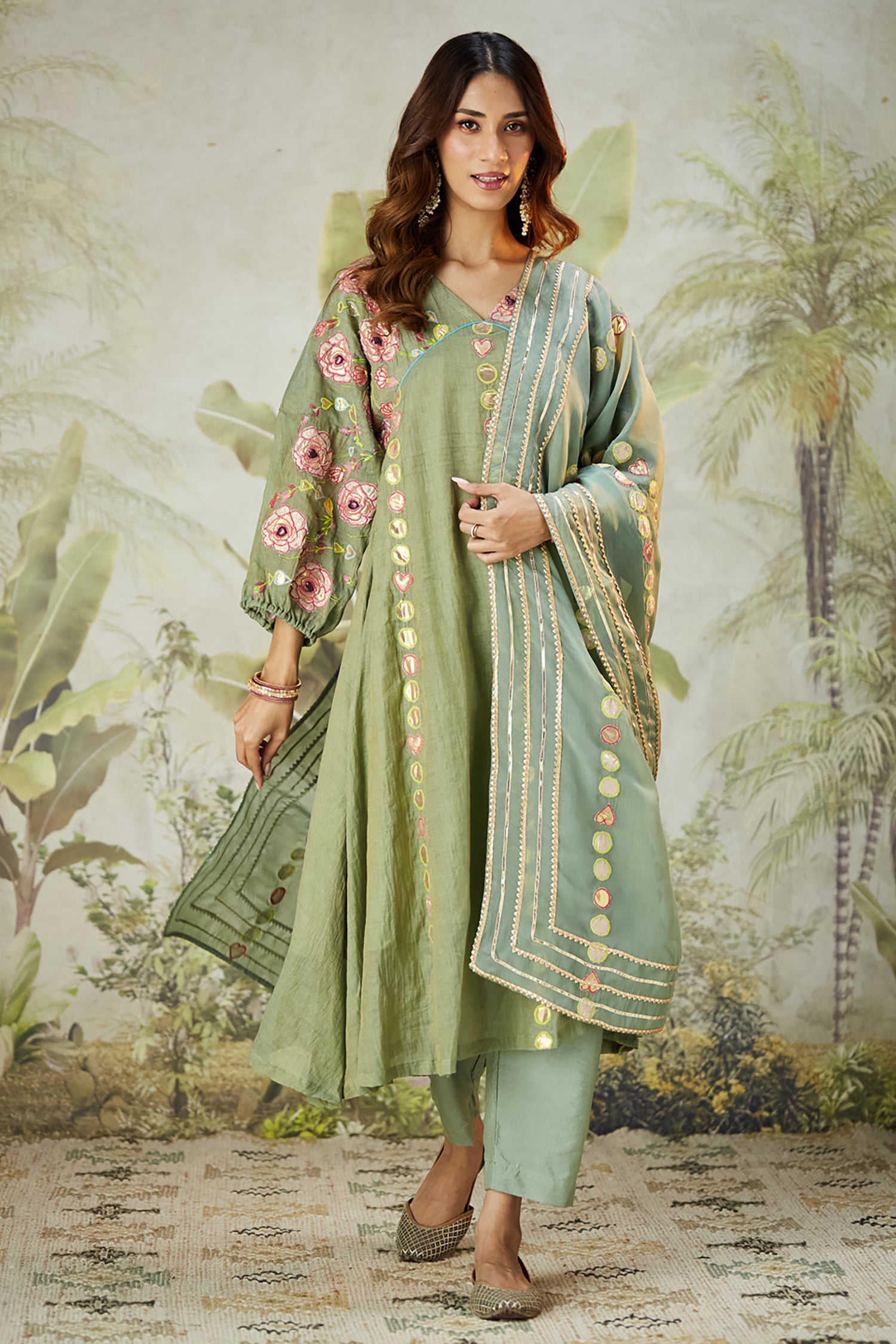 Lachka Gota & Patch Work Kurta Set - Green