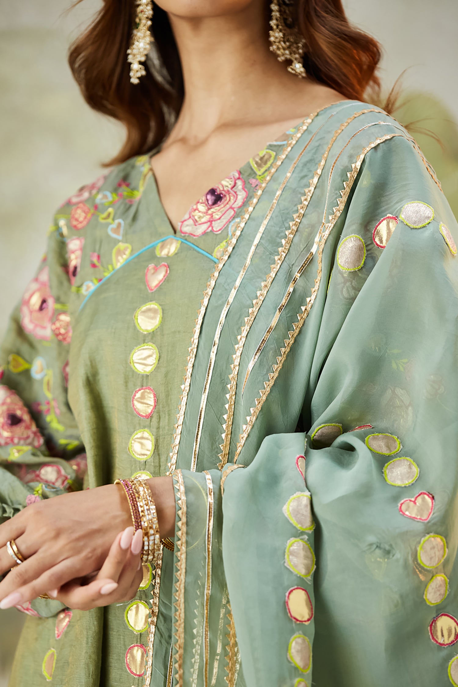 Lachka Gota & Patch Work Kurta Set - Green