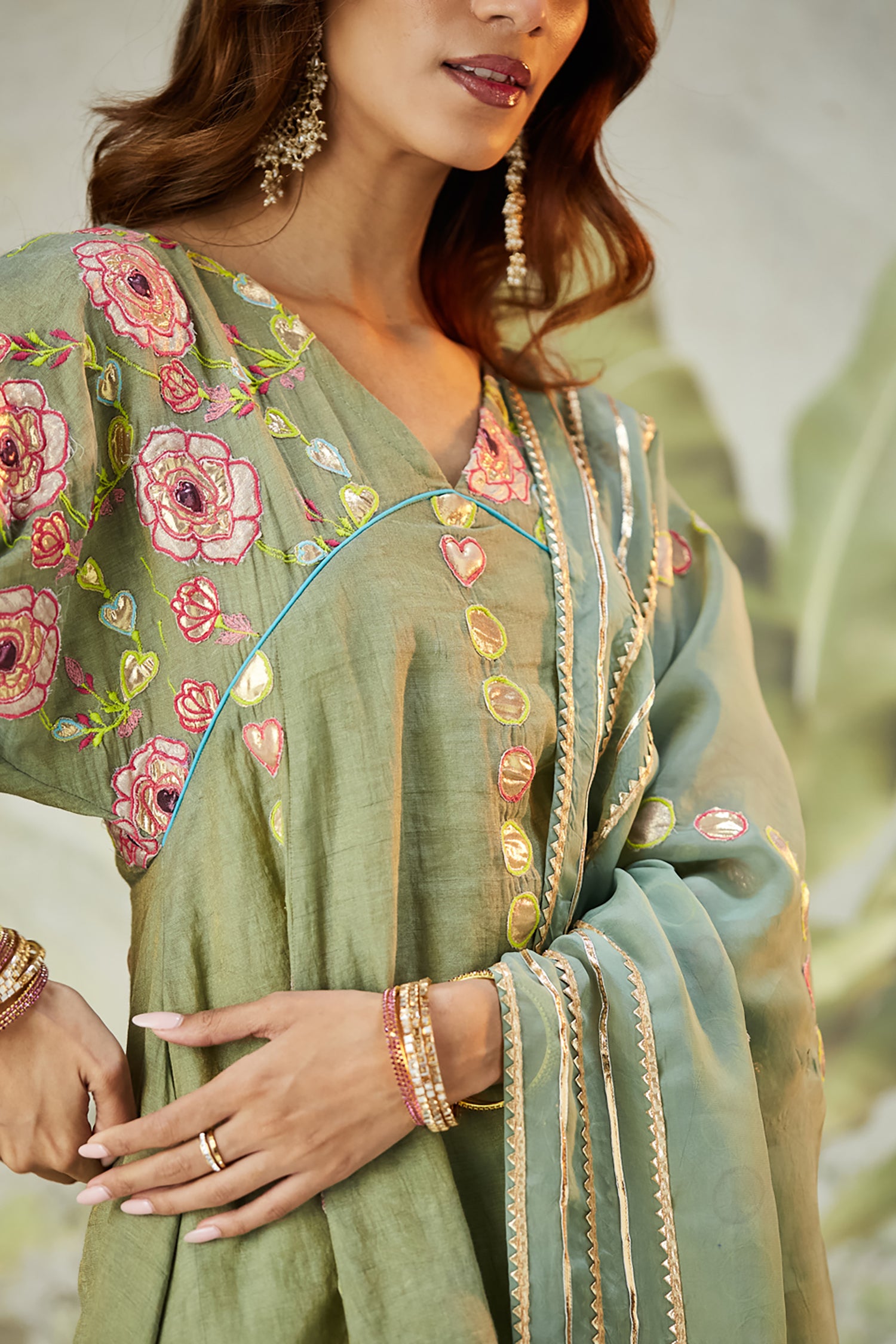 Lachka Gota & Patch Work Kurta Set - Green