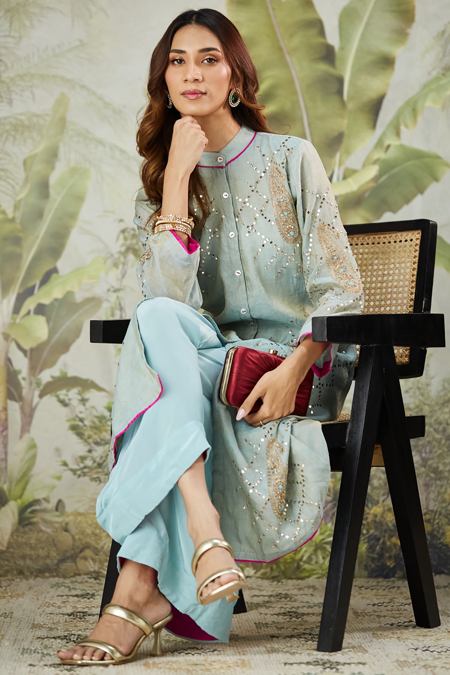 Mukaish Co-Ord Set With Overlay - Sky Blue