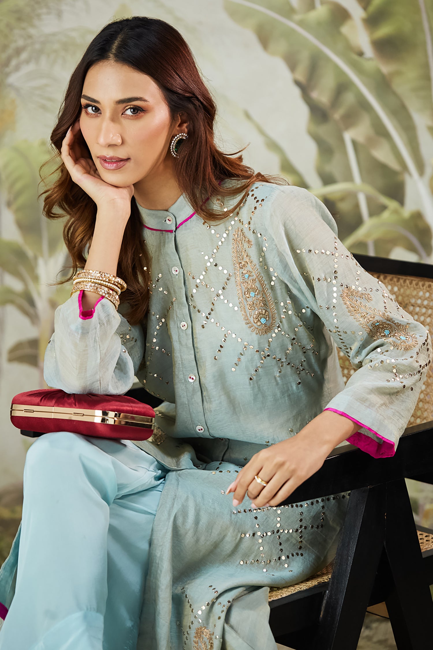 Mukaish Co-Ord Set With Overlay - Sky Blue