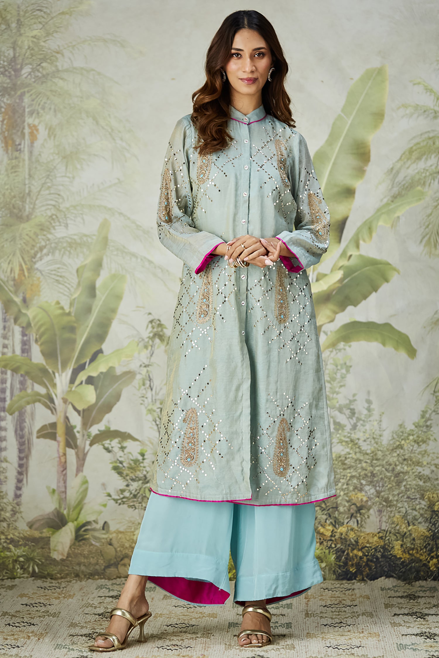 Mukaish Co-Ord Set With Overlay - Sky Blue