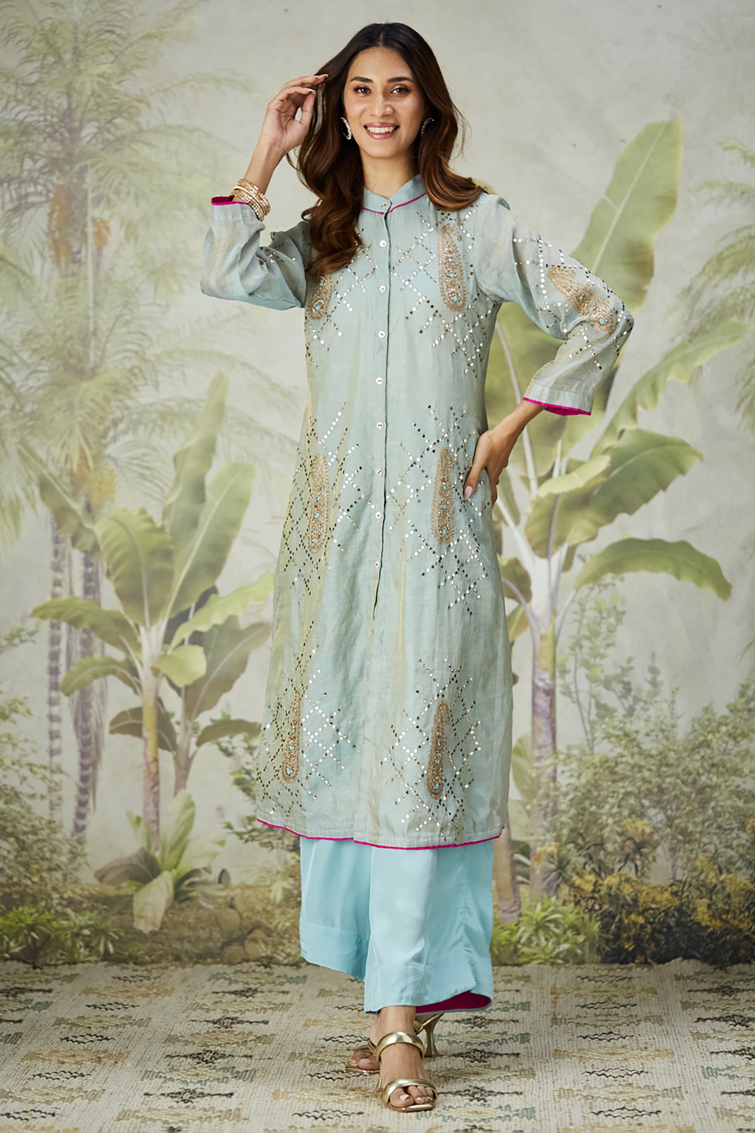 Mukaish Co-Ord Set With Overlay - Sky Blue
