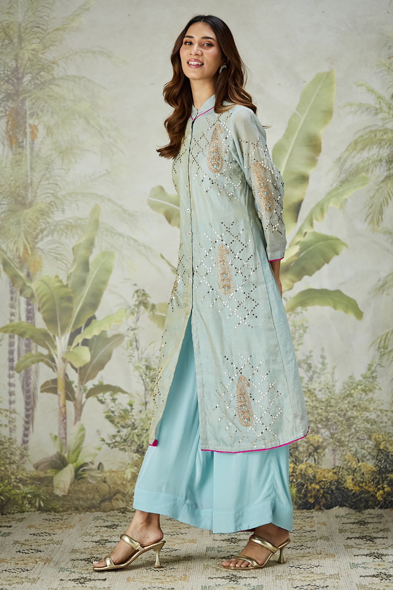 Mukaish Co-Ord Set With Overlay - Sky Blue