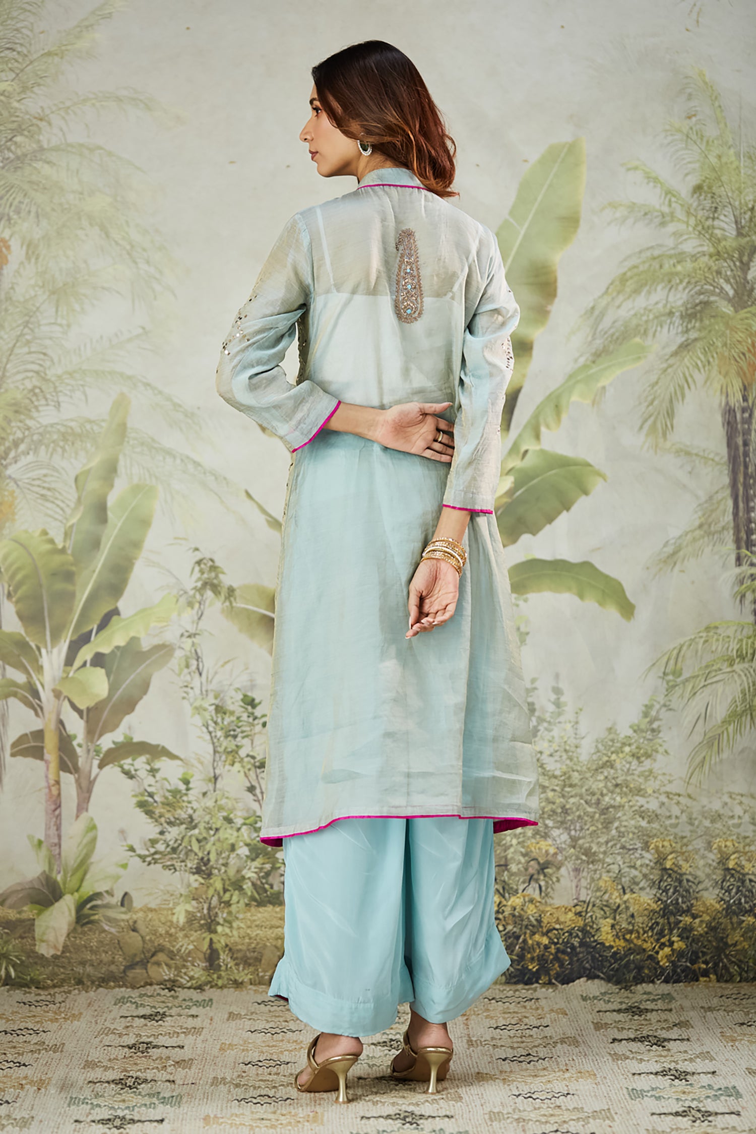 Mukaish Co-Ord Set With Overlay - Sky Blue