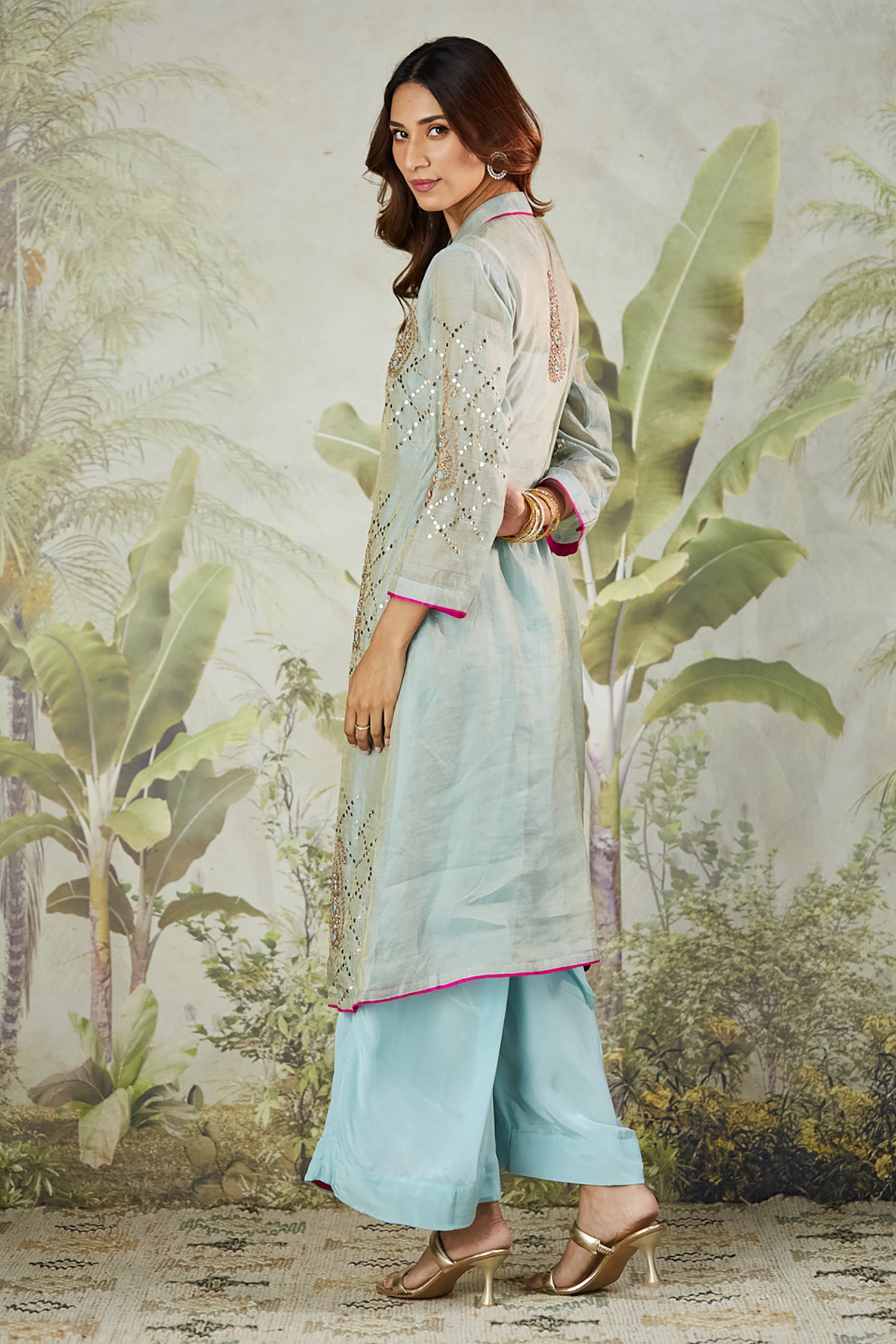 Mukaish Co-Ord Set With Overlay - Sky Blue