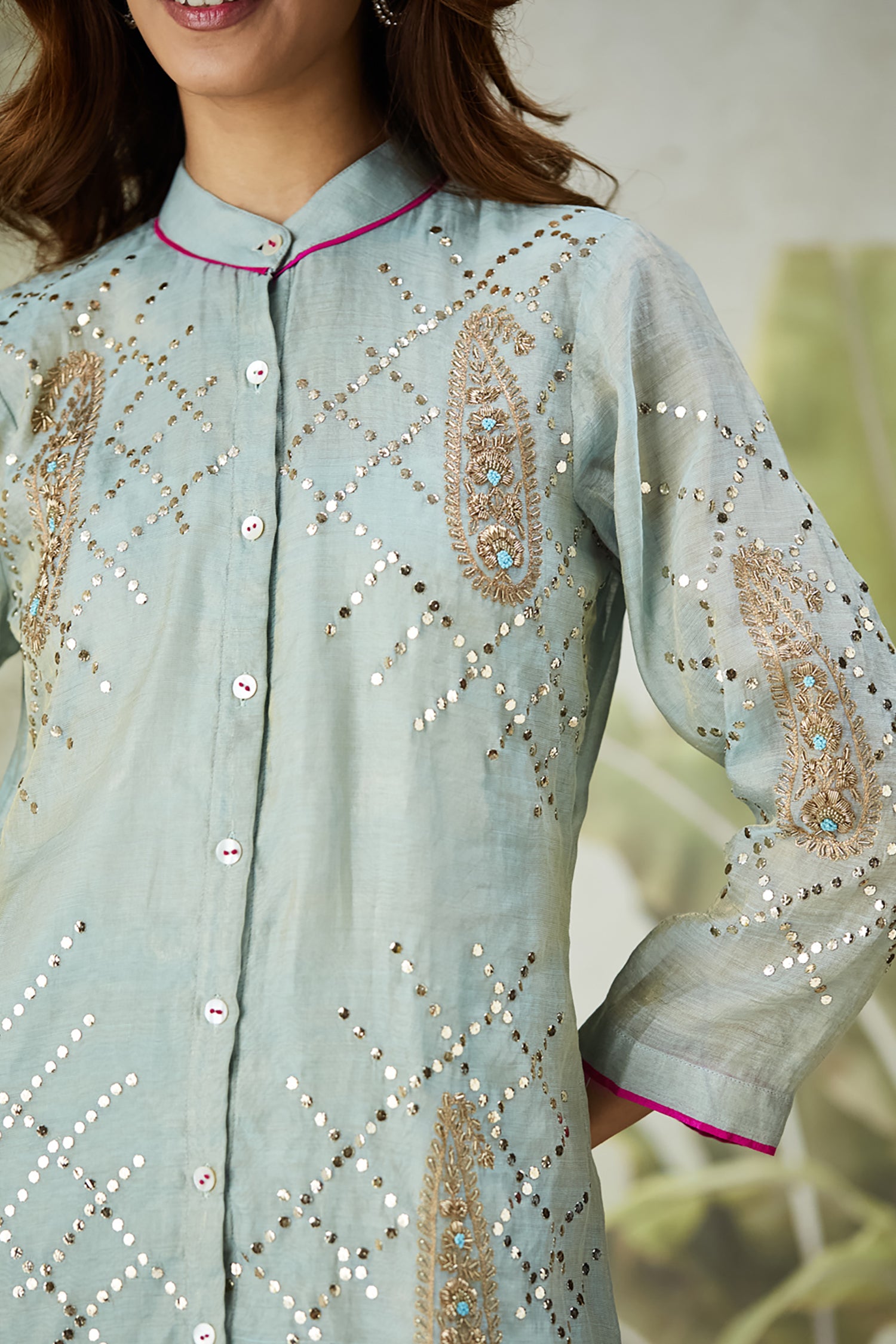 Mukaish Co-Ord Set With Overlay - Sky Blue