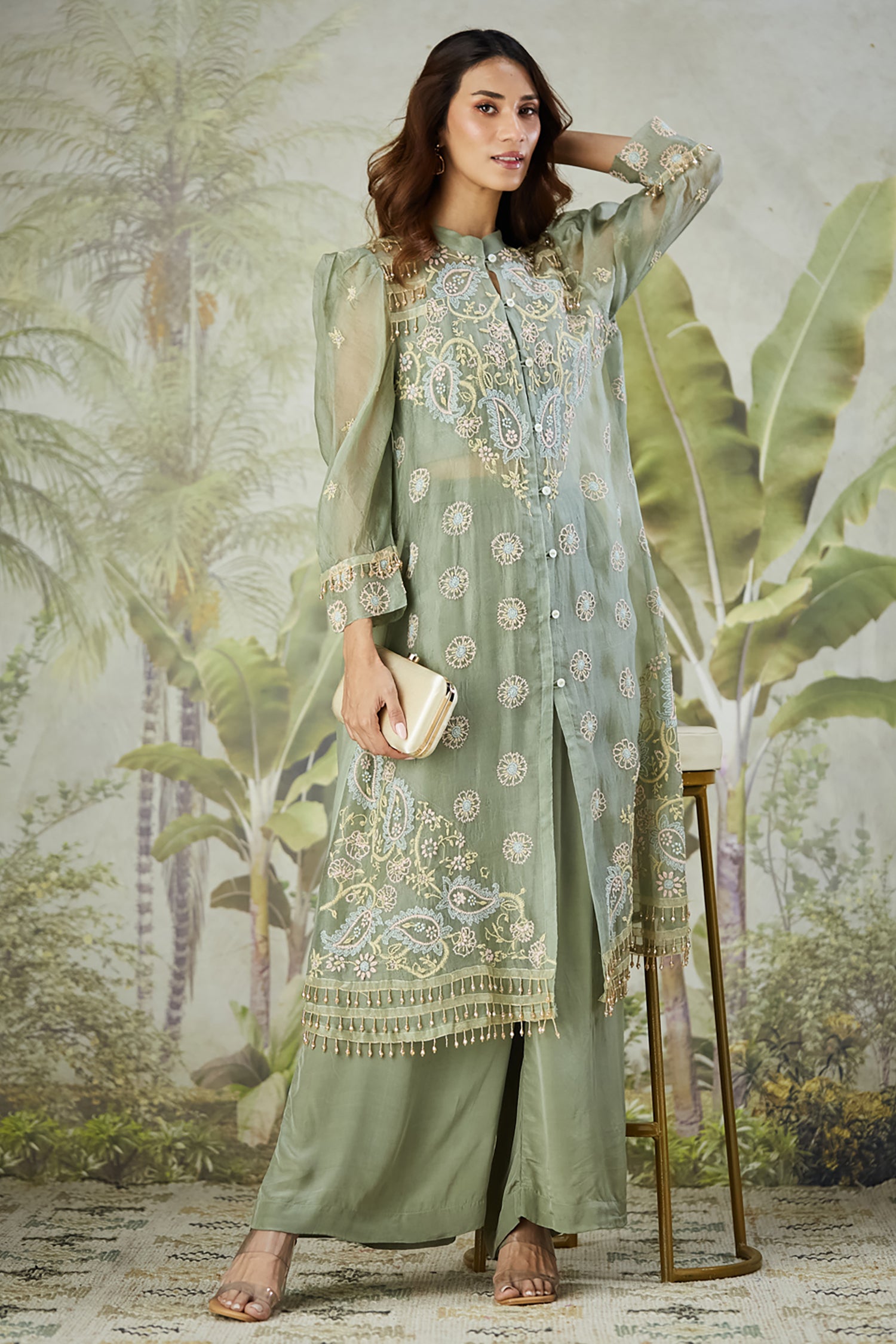 Embroidered Co-ord Set with Long Shrug - Dusty Green