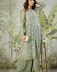 Embroidered Co-ord Set with Long Shrug - Dusty Green