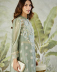 Embroidered Co-ord Set with Long Shrug - Dusty Green