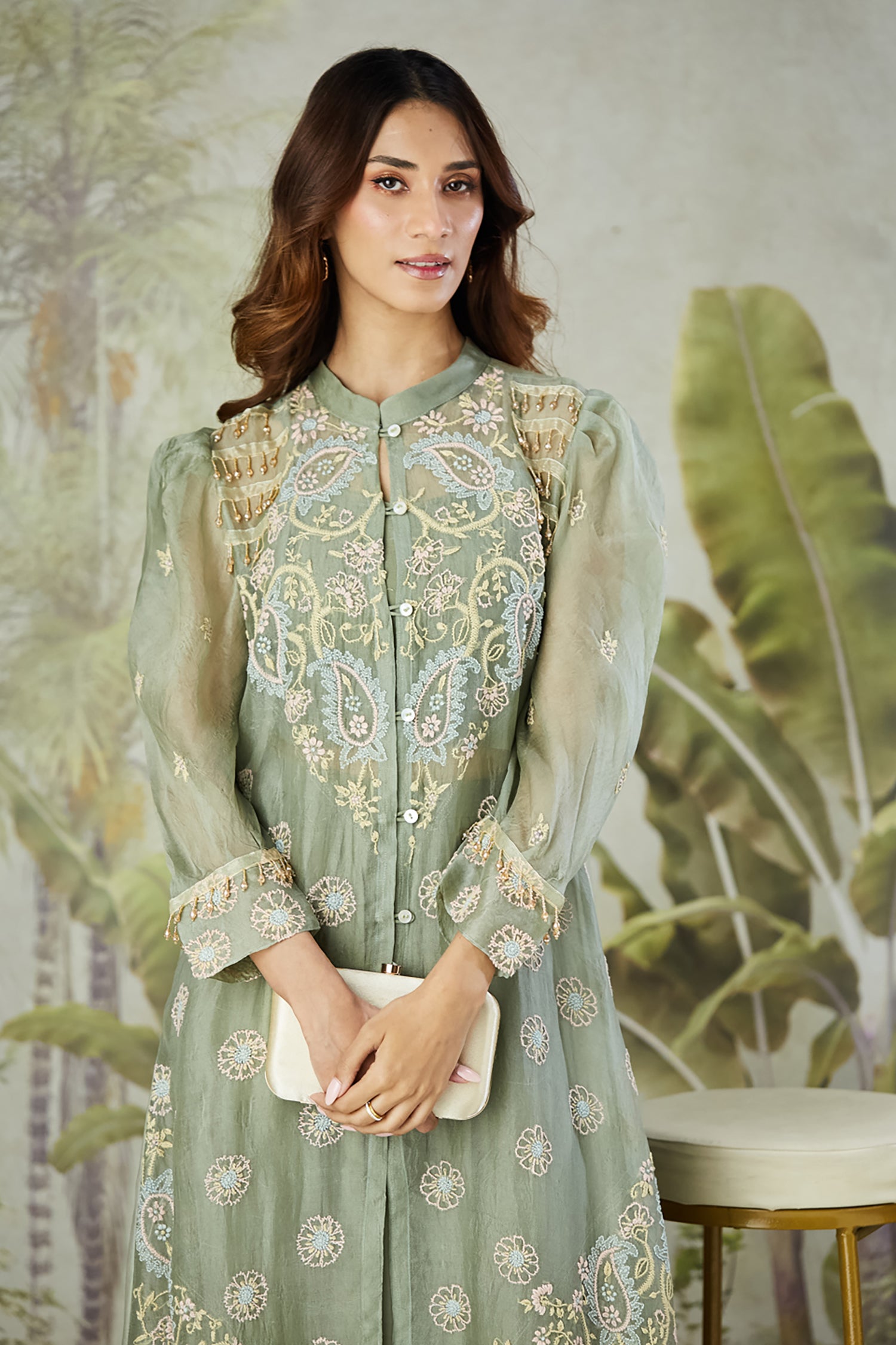 Embroidered Co-ord Set with Long Shrug - Dusty Green