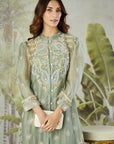 Embroidered Co-ord Set with Long Shrug - Dusty Green