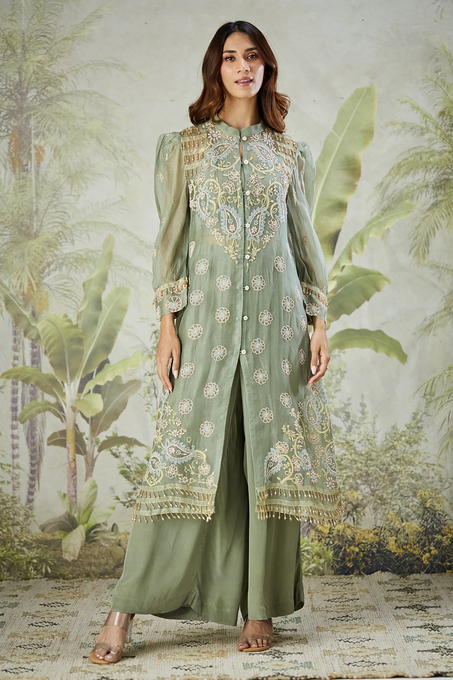 Embroidered Co-ord Set with Long Shrug - Dusty Green
