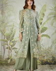 Embroidered Co-ord Set with Long Shrug - Dusty Green