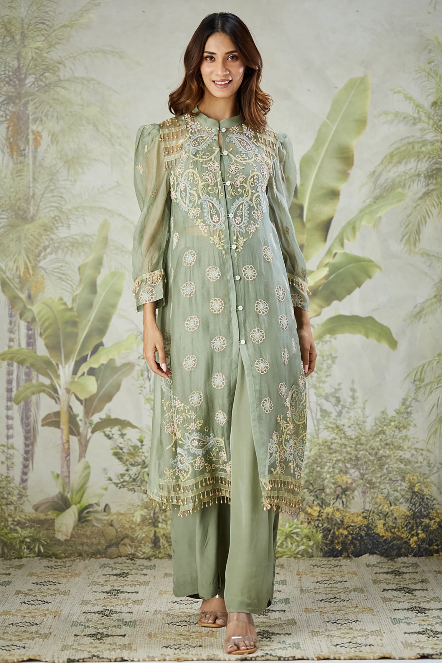 Embroidered Co-ord Set with Long Shrug - Dusty Green