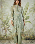 Embroidered Co-ord Set with Long Shrug - Dusty Green