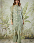 Embroidered Co-ord Set with Long Shrug - Dusty Green