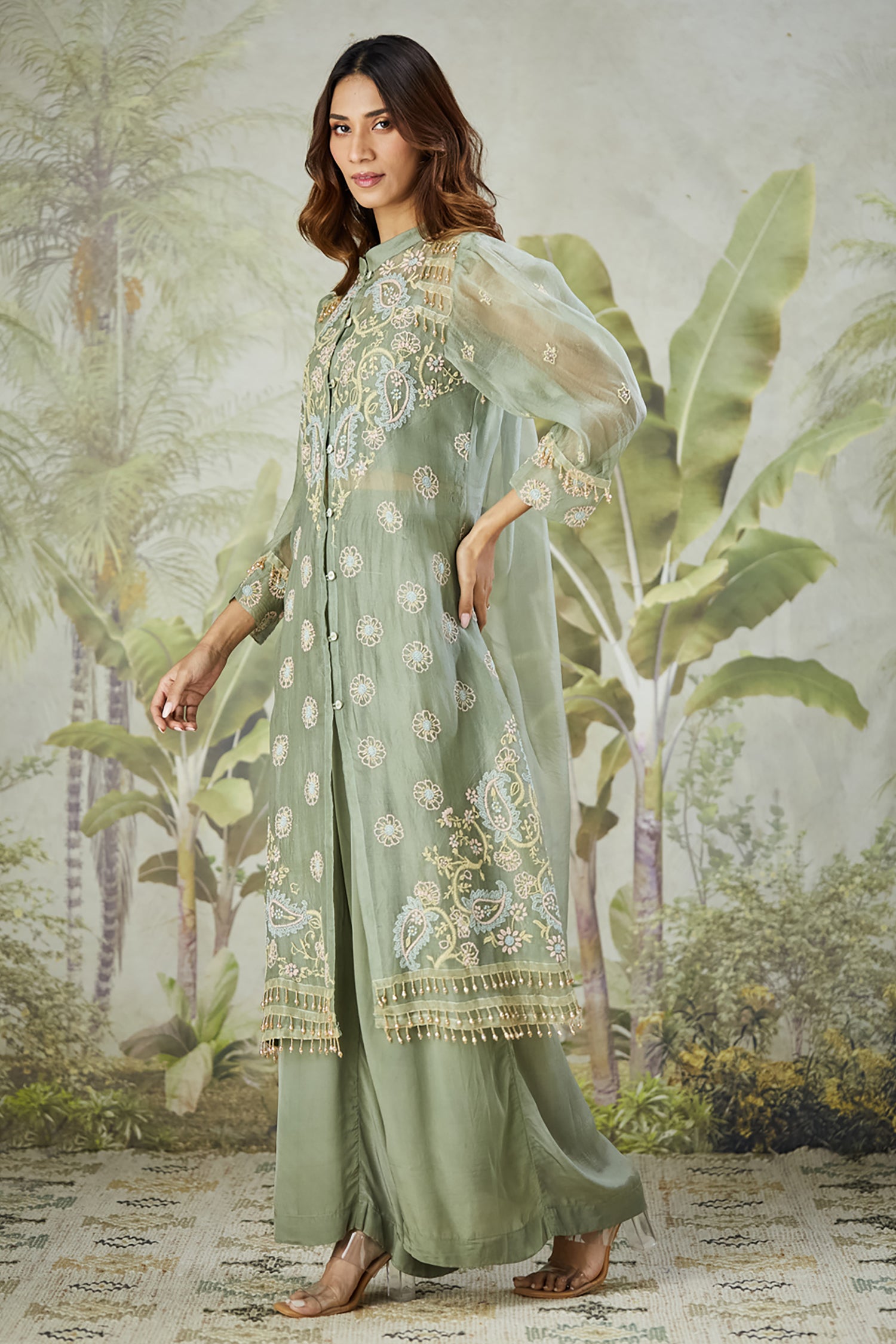 Embroidered Co-ord Set with Long Shrug - Dusty Green