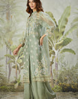 Embroidered Co-ord Set with Long Shrug - Dusty Green