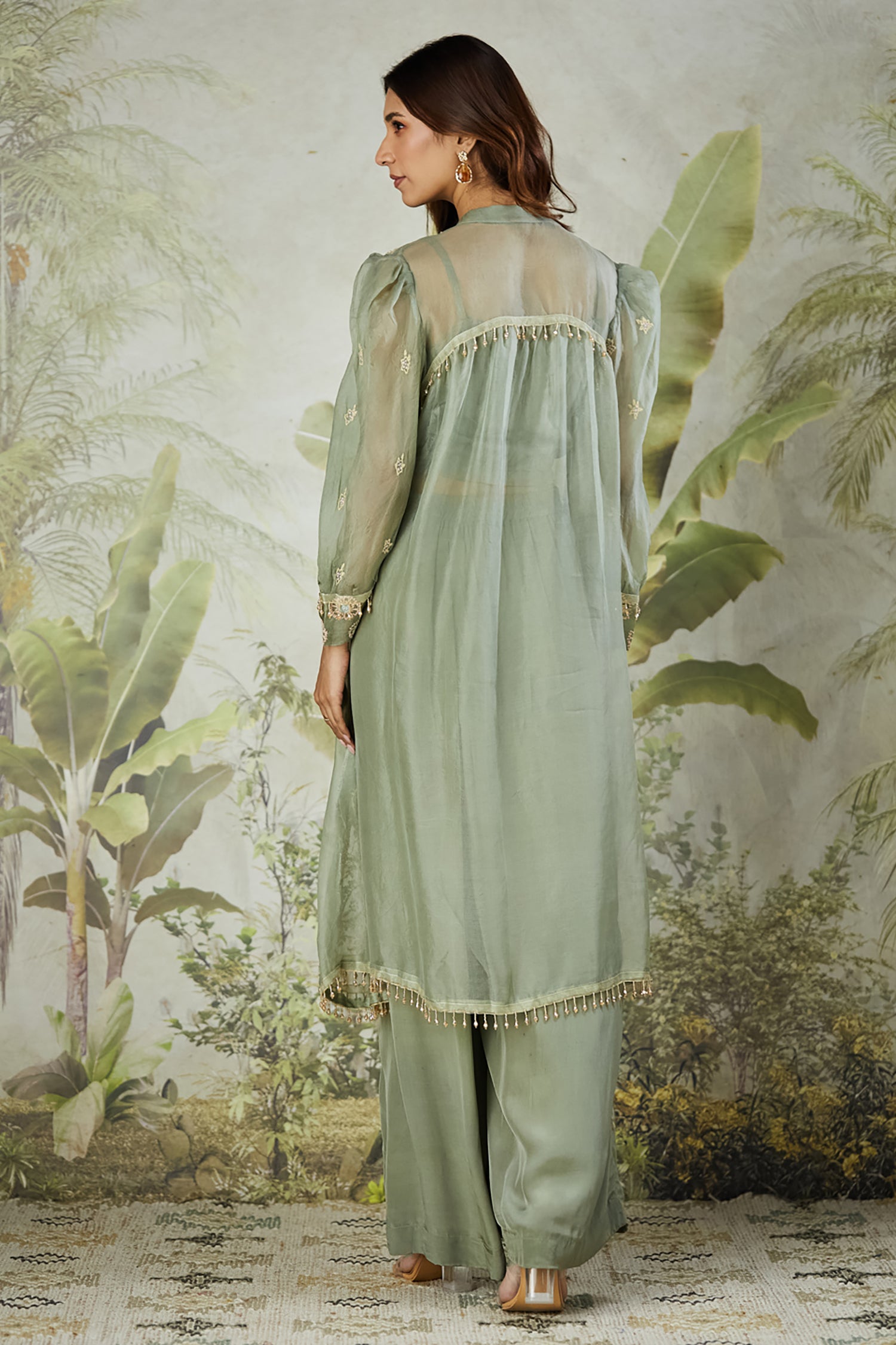 Embroidered Co-ord Set with Long Shrug - Dusty Green