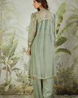 Embroidered Co-ord Set with Long Shrug - Dusty Green