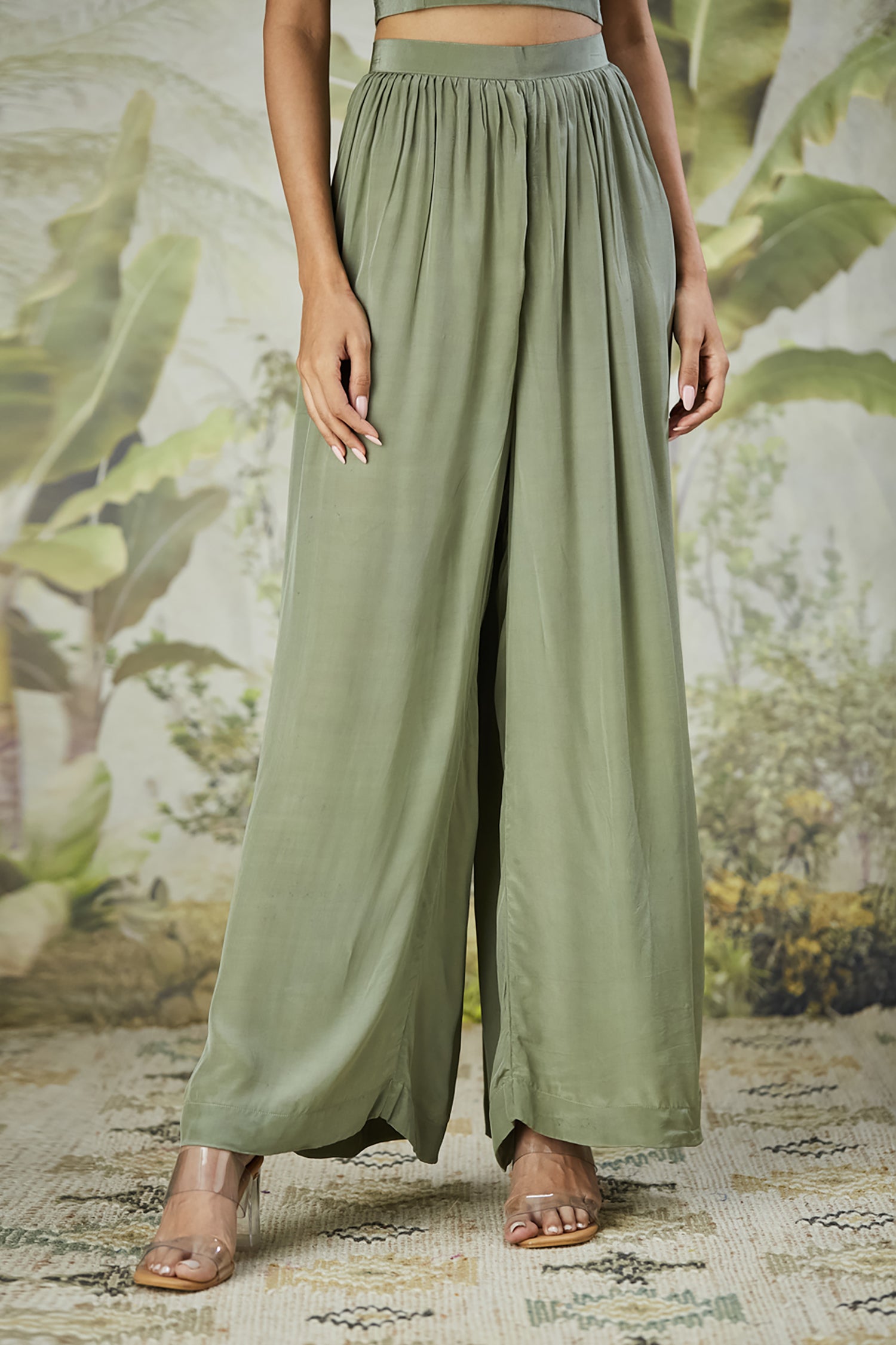 Embroidered Co-ord Set with Long Shrug - Dusty Green