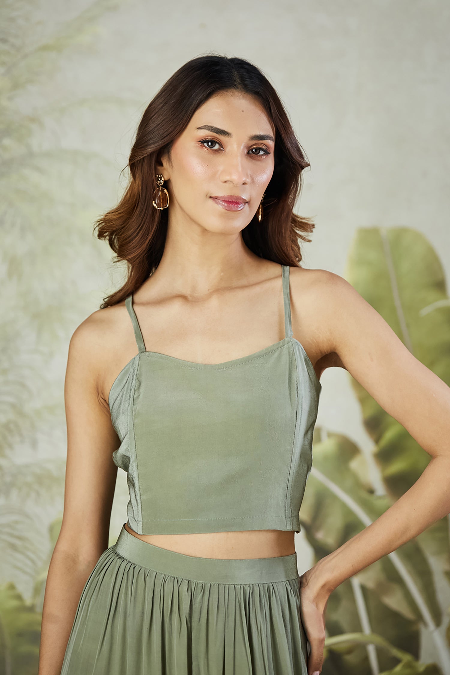 Embroidered Co-ord Set with Long Shrug - Dusty Green