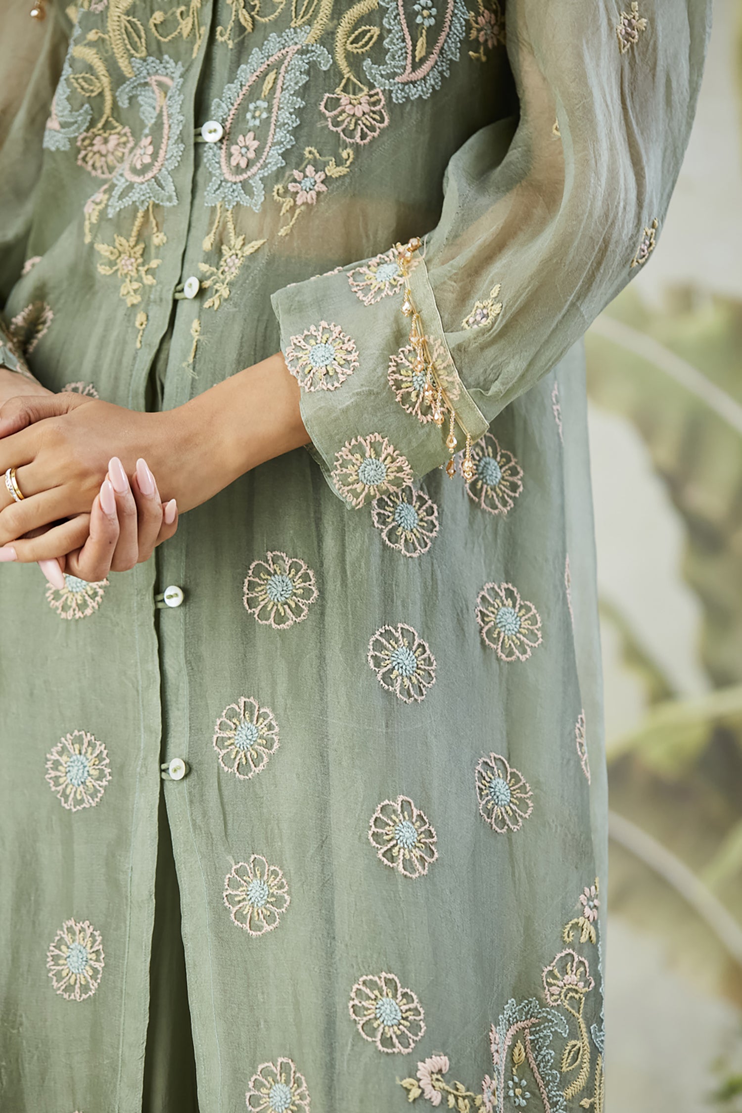 Embroidered Co-ord Set with Long Shrug - Dusty Green