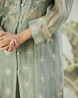 Embroidered Co-ord Set with Long Shrug - Dusty Green