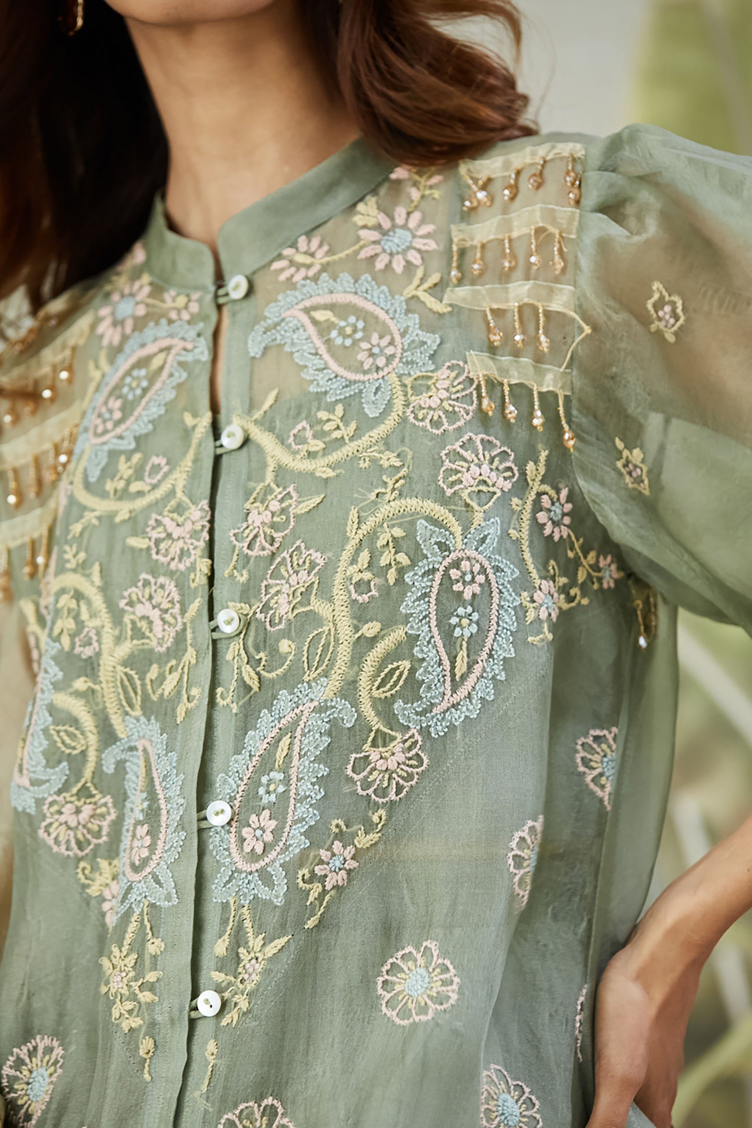 Embroidered Co-ord Set with Long Shrug - Dusty Green