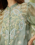 Embroidered Co-ord Set with Long Shrug - Dusty Green