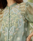 Embroidered Co-ord Set with Long Shrug - Dusty Green