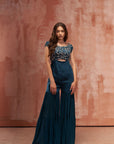 Embroidered Crop Top and Flared Pants Fusion Set in Wine
