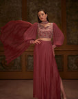 Drape Skirt Set with Ruffle Dupatta - Purple