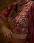 Drape Skirt Set with Ruffle Dupatta - Purple