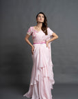 Peach Pink Pre Draped Saree
