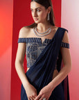 Blush Pink Printed Saree with Elegant Padded Blouse - Blue