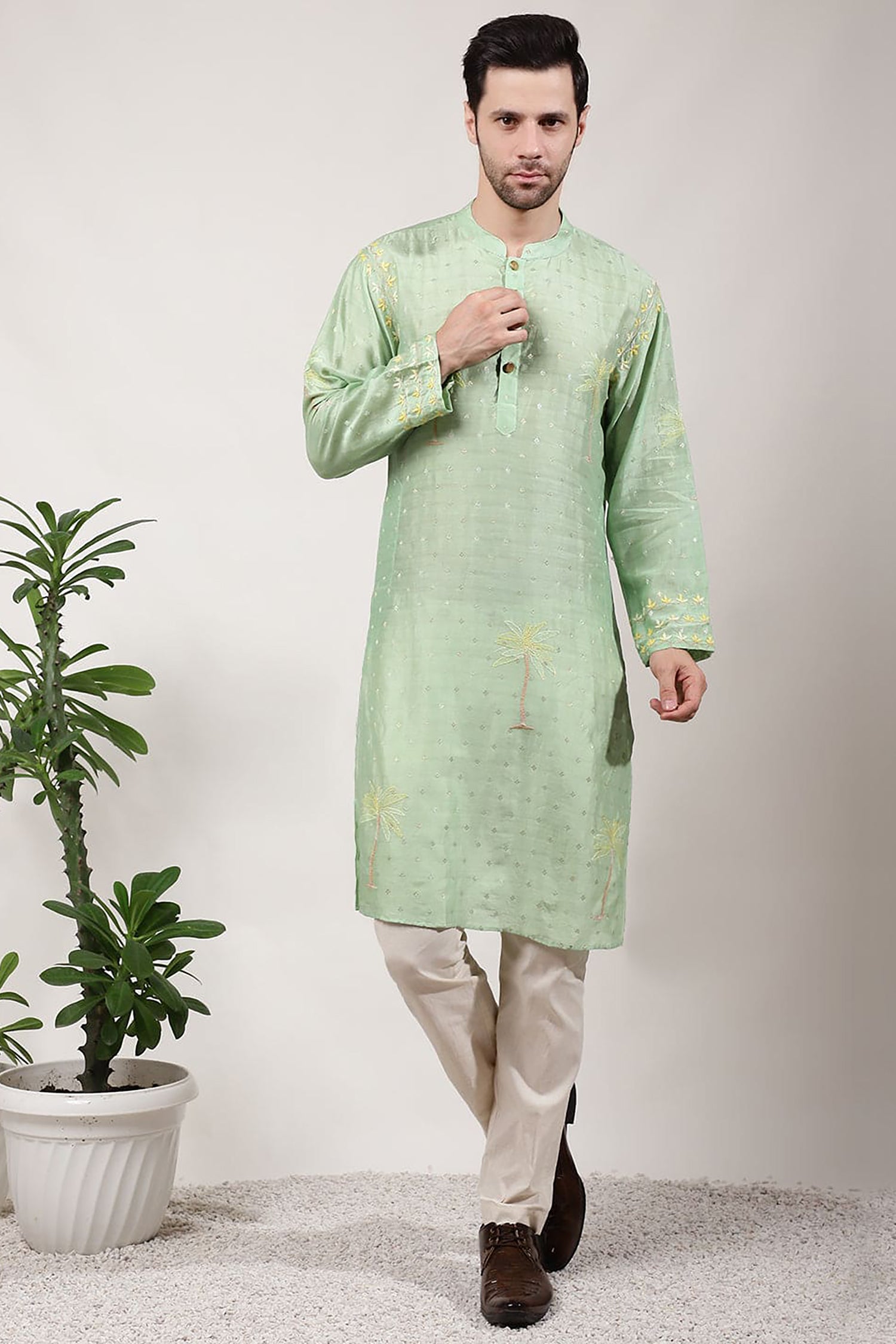 ChikanKari Silk Kurta Set - Green