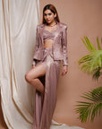 Pink Shimmer Drape Skirt And Coat Set (Set Of 3)