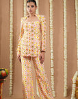 Off White Multicolor Printed Coat & Pant Set (Set Of 2)