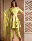 Green Short Anarkali-Tulip Salwar Set (Set Of 3)