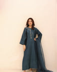 Khushboo & Pankaj Teal Embroidered Kurta Set with Sheer Dupatta
