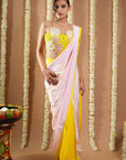 Yellow / Pink Flower Applique Pre Draped Saree (Set Of 2)